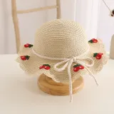 Kids Anti-UV Wide Brim Cherry Pattern Outdoor Beach Sunhat with Bag Set