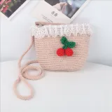 Kids Cartoon Cherry Wide Brim Straw Beach Sunhat With Bucket Bag Set