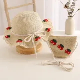 Kids Anti-UV Wide Brim Cherry Pattern Outdoor Beach Sunhat with Bag Set