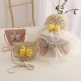 Kids Anti-UV Cute Wide Brim Lace Bow Outdoor Beach Sunhat with Bucket Bag Set