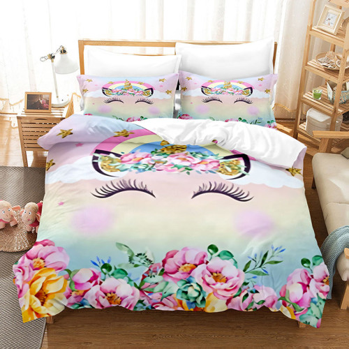 Girls Bedding Flower Close Eyes Unicorn Pattern Printed Quilt Cover With Pillowcases