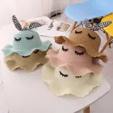 Kids Cartoon Bow Tie with Eyes Wide Brim Straw Beach Sunhat With Bag Set