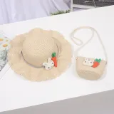 Kids Anti-UV Rabbit and Carrot Outdoor Beach Straw Sunhat with Bag Set