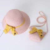 Mommy and Me Anti-UV Pure Color Outdoor Beach Straw Sunhat with Bag Set