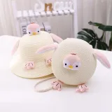 Kids Cartoon Penguin Anti-UV Wide Brim Outdoor Beach Sunhat with Bag Set