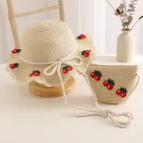 Kids Anti-UV Wide Brim Cherry Pattern Outdoor Beach Sunhat with Bag Set
