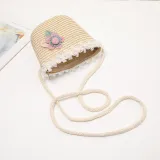 Kids Anti-UV Pearl Lace Outdoor Beach Straw Sunhat with Bag Set