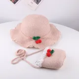 Kids Cartoon Cherry Wide Brim Straw Beach Sunhat With Bucket Bag Set