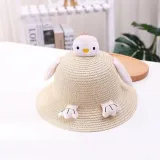 Kids Cartoon Penguin Anti-UV Wide Brim Outdoor Beach Sunhat with Bag Set
