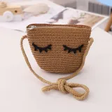 Kids Cartoon Bow Tie with Eyes Wide Brim Straw Beach Sunhat With Bag Set