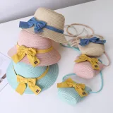 Mommy and Me Anti-UV Pure Color Outdoor Beach Straw Sunhat with Bag Set