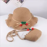 Kids Cartoon Cherry Wide Brim Straw Beach Sunhat With Bucket Bag Set
