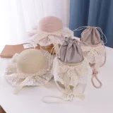 Kids Lace Bow Wide Brim Straw Beach Sunhat With Bucket Bag Set