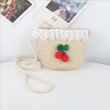 Kids Cartoon Cherry Wide Brim Straw Beach Sunhat With Bucket Bag Set