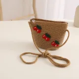 Kids Anti-UV Wide Brim Cherry Pattern Outdoor Beach Sunhat with Bag Set