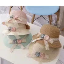 Kids Bow Tie Flower Straw Wide Brim Beach Sunhat With Bag Set