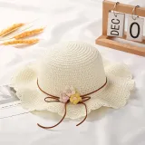 Kids Flower Straw Beach Wide Brim Sunhat With Bag Set