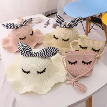 Kids Cartoon Bow Tie with Eyes Wide Brim Straw Beach Sunhat With Bag Set