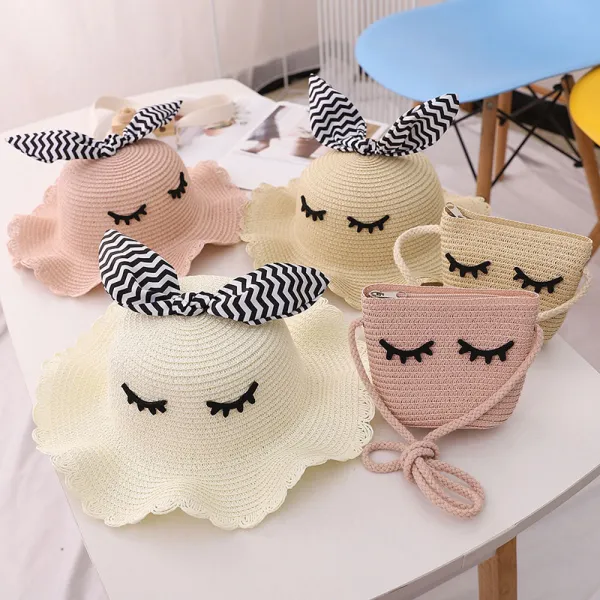 Kids Cartoon Bow Tie with Eyes Wide Brim Straw Beach Sunhat With Bag Set