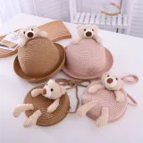 Kids Cute Bear Anti-UV Outdoor Beach Straw Sunhat with Bag Set