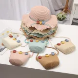 Kids Cartoon Wide Brim Straw Beach Sunhat With Bag Set