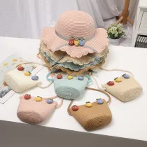 Kids Cartoon Wide Brim Straw Beach Sunhat With Bag Set