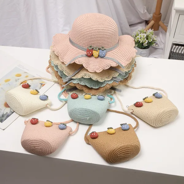 Kids Cartoon Wide Brim Straw Beach Sunhat With Bag Set