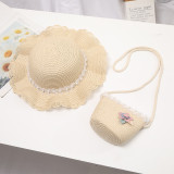 Kids Anti-UV Pearl Lace Outdoor Beach Straw Sunhat with Bag Set