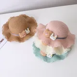 Mommy and Me Anti-UV Cartoon Bear Outdoor Beach Straw Sunhat with Bag Set