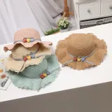 Kids Cartoon Wide Brim Straw Beach Sunhat With Bag Set