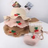 Kids Cartoon Cherry Wide Brim Straw Beach Sunhat With Bucket Bag Set