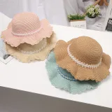 Kids Anti-UV Pearl Lace Outdoor Beach Straw Sunhat with Bag Set