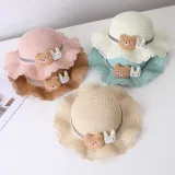 Mommy and Me Anti-UV Cartoon Bear Outdoor Beach Straw Sunhat with Bag Set
