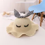 Kids Cartoon Bow Tie with Eyes Wide Brim Straw Beach Sunhat With Bag Set