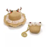 Kids Cartoon Antlers Wide Brim Straw Beach Sunhat With Bucket Bag Set