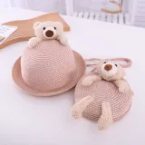 Kids Cute Bear Anti-UV Outdoor Beach Straw Sunhat with Bag Set