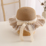 Kids Anti-UV Wide Brim Lace Bow Tie Outdoor Beach Sunhat with Bucket Bag Set