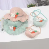 Kids Anti-UV Rabbit and Carrot Outdoor Beach Straw Sunhat with Bag Set