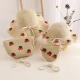 Kids Anti-UV Wide Brim Cherry Pattern Outdoor Beach Sunhat with Bag Set