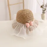Kids Anti-UV Cute Wide Brim Lace Bow Outdoor Beach Sunhat with Bucket Bag Set