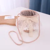 Kids Lace Bow Wide Brim Straw Beach Sunhat With Bucket Bag Set