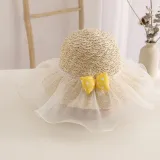 Kids Anti-UV Cute Wide Brim Lace Bow Outdoor Beach Sunhat with Bucket Bag Set