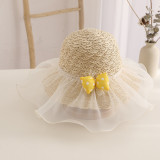 Kids Anti-UV Cute Wide Brim Lace Bow Outdoor Beach Sunhat with Bucket Bag Set