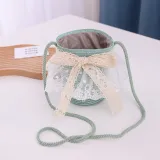 Kids Lace Bow Wide Brim Straw Beach Sunhat With Bucket Bag Set