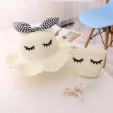 Kids Cartoon Bow Tie with Eyes Wide Brim Straw Beach Sunhat With Bag Set