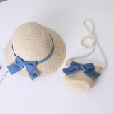 Mommy and Me Anti-UV Pure Color Outdoor Beach Straw Sunhat with Bag Set