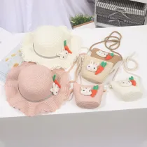 Kids Anti-UV Rabbit and Carrot Outdoor Beach Straw Sunhat with Bag Set