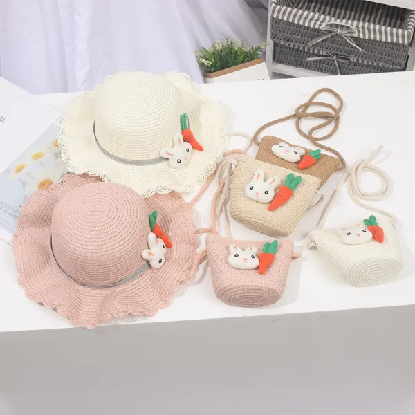 Kids Anti-UV Rabbit and Carrot Outdoor Beach Straw Sunhat with Bag Set