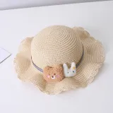 Mommy and Me Anti-UV Cartoon Bear Outdoor Beach Straw Sunhat with Bag Set
