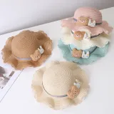 Mommy and Me Anti-UV Cartoon Bear Outdoor Beach Straw Sunhat with Bag Set